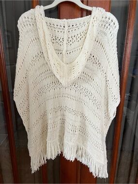 Super Soft Cream Hooded Knit Fringe Summer Sweater Poncho Beach Cover Up